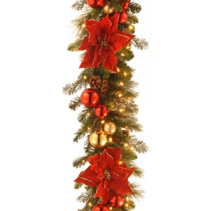 National Tree Company Pre-Lit Artificial Christmas Garland, Green, Evergreen, White Lights,Pine Cones, Ornaments, Poinsettia Flowers, Plug In,9 Feet - 1 of 4
