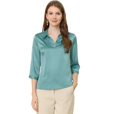 Allegra K Women's Elegant Satin Blouse Roll Up 3/4 Sleeve V Neck Casual Work Shirt Top