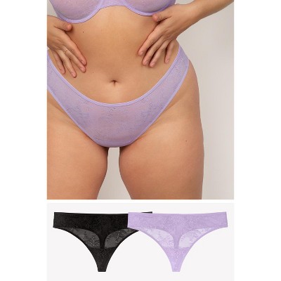 Smart & Sexy Lace Trim Thong Panty 2 Pack Black Hue/lilac Iris