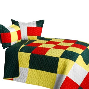 Slickblue Full/Queen Quilt Set, Plaid Design, TC Fabric, Yellow-Black/Green Colors, Machine Washable, 3PC - 1 of 4