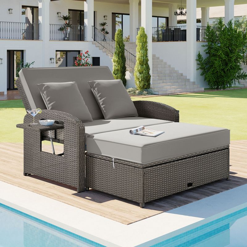 Patio PE Rattan Double Chaise Lounge, Reclining Daybed with Adjustable Back and Cushions-ModernLuxe, 1 of 15