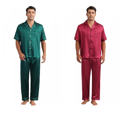 INSPIRE CHIC Men's 2 Pack Casual Sleepwear Short Sleeve Satin Pajamas Sets