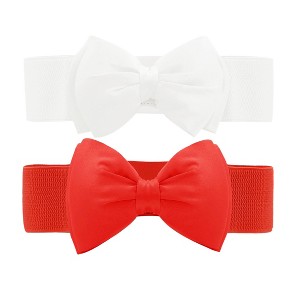 INSPIRE CHIC Women's PU Leather Elastic Band Bowknot Decor Stretch Belt 2 Pcs - 1 of 4