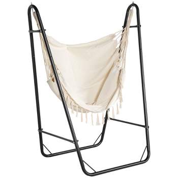 Outsunny U Shape Stand Hammock Chair, A Side Pocket Include Hammock Swing, Cream White