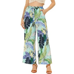 Allegra K Women's Tropical Floral Casual Elastic Waist Wide Leg Palazzo Pants - 1 of 4