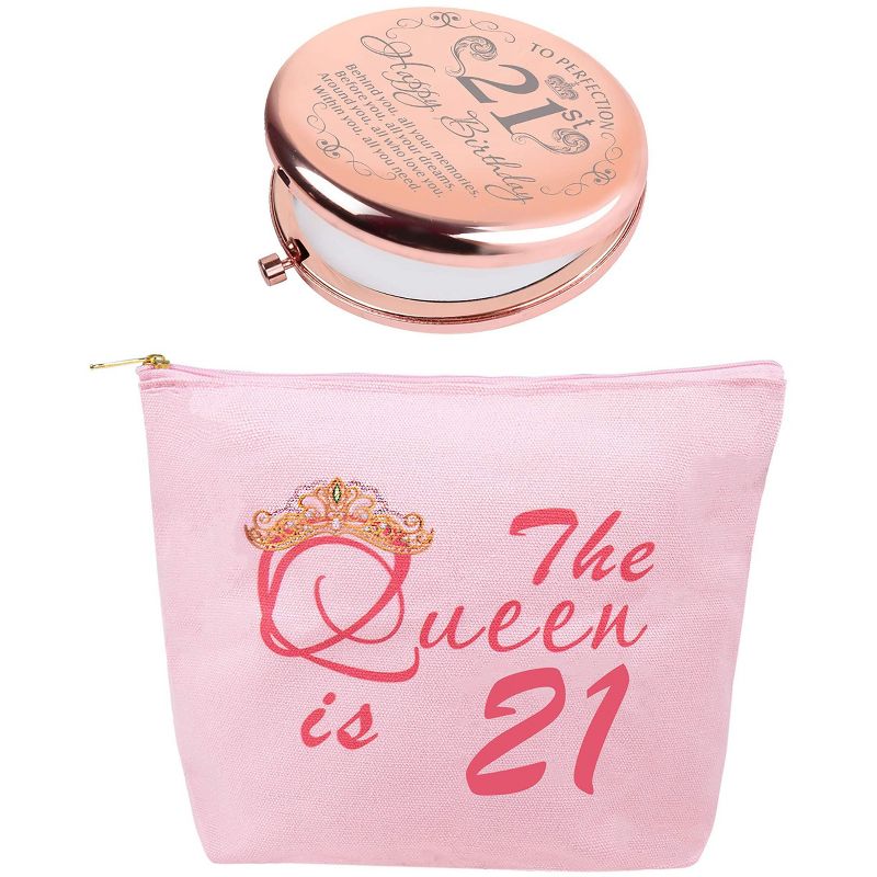 DoraDreamDeko 21st Birthday Gifts for Women, Makeup Bag & Mirror, Pink & Rose Gold, 1 of 8