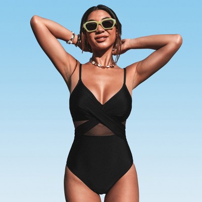 Women's V Neck One Piece Swimsuit Crisscross Mesh Mid Cut Bathing  Suit-Cupshe-Black-L