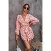 Womens Jmupsuits Floral Print Lantern Sleeve Belted V Neck Elegant Jumpsuit - 2 of 3