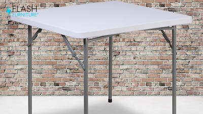 Granite White Square Plastic Folding Table with Gray Metal Frame