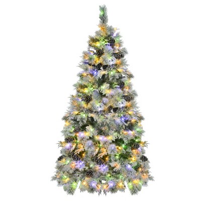 VisioGear Craft Activity Kits 6FT Pre-Lit Spruce Snow Flocked Christmas Tree with Pine Cones, Artificial Xmas Tree, Multicolor