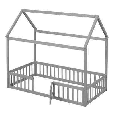GustoWave 41.8'' x 79.5'' House Floor Bed, Playhouse Bed Frame Platform with Rails Door Pine Wooden Playhouse Beds with Fence Roof, Gray