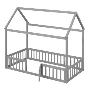 GustoWave 41.8'' x 79.5'' House Floor Bed, Playhouse Bed Frame Platform with Rails Door Pine Wooden Playhouse Beds with Fence Roof, Gray - 1 of 4