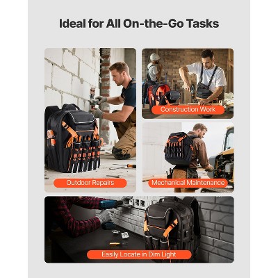 VEVOR Tool Backpack, 45 Pockets, Heavy-duty Tools Storage Organizer Work Bags with Laptop Compartment & Reinforced Fabric Basee, Black+Orange — фото 7