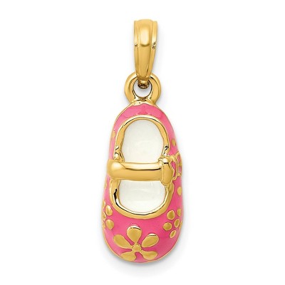 Black Bow Jewelry 14k Yellow Gold and Enamel Pink Baby Shoe Pendant, 7 x 22mm