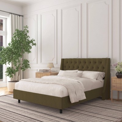 Queen Gilford Wingback Platform Bed in Linen Olive - Threshold™: Pine Frame, No Box Spring Needed