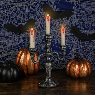 Antique Silver Skull Trio Halloween Candelabra with Dripping Blood LED Candles
