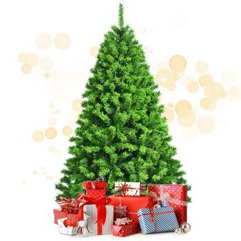 Tangkula Flocked Christmas Tree in Green Color 4.5FT/6.5FT/7.5FT Verdant Realistic Hinged Xmas Tree W/ Branch Tips