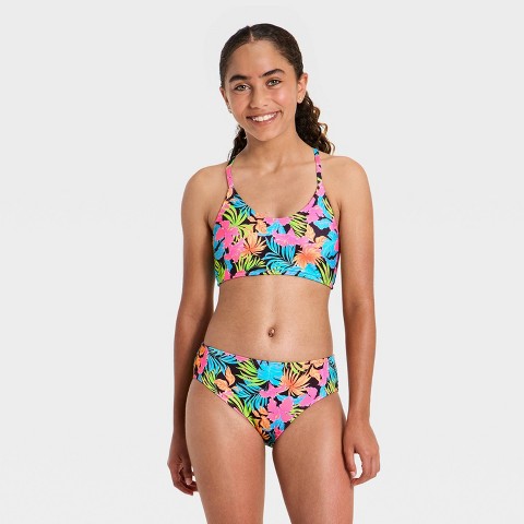 Art Class Girls' Tropical Floral Bikini Set - art class™ Black/Pink/Blue L
