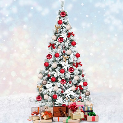 7-Foot Snow Flocked Pine Christmas Tree with White Berries and Flowers