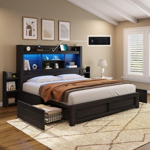 AMERLIFE Bed Frame with Drawers, LED, Bookcase Headboard, Charging, Shelves - 1 of 4
