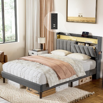 WOWLIVE Full/Queen Bed Frame with Storage Headboard & LED Light, Upholstered Bed Frame with Outlet & USB Ports