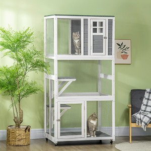 PawHut 74" Wooden Outdoor Cat House, Weatherproof Catio with Wheels, Large Cat Enclosure Condo Cage for Multiple Cats, Gray - Nertpow - 1 of 4
