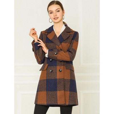 Allegra K Women's Winter Notched Lapel Double Breasted Classic Buffalo Checks Pea Coat X-Small Brown — фото 2
