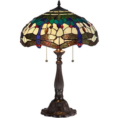 Robert Louis Tiffany Traditional Table Lamp Bronze Tree Motif Dragonfly Art Glass Shade for Living Room Family Bedroom Bedside