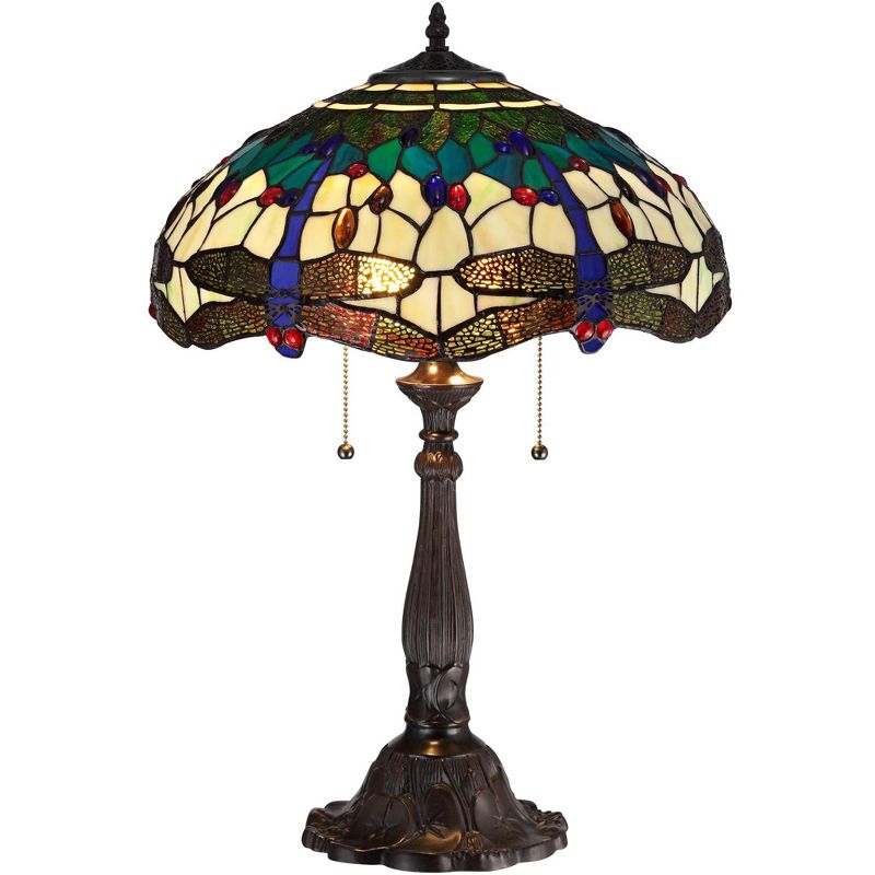 Robert Louis Tiffany Traditional Table Lamp 24" High Bronze Tree Motif Dragonfly Art Glass Shade for Living Room Family Bedroom Bedside, 1 of 6