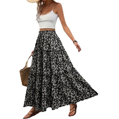 Women's High Waist Floral Tiered Maxi Skirt A-Line Ruffle Swing Beach Dress with Back Drawstring