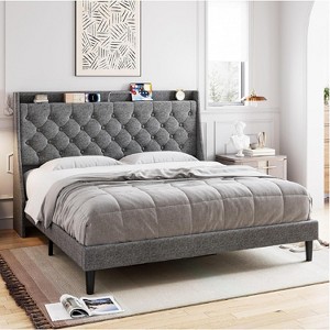 Upholstered Platform Bed w/ Charging Station, Wingback Headboard & Storage Shelf, Linen Fabric, Light Gray (Full/Queen/King) - 1 of 4