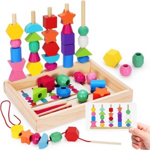 Wooden Beads Sequencing Toy Set with Stacking Blocks and Lacing, STEM Activity for Ages 2-4 - 1 of 4