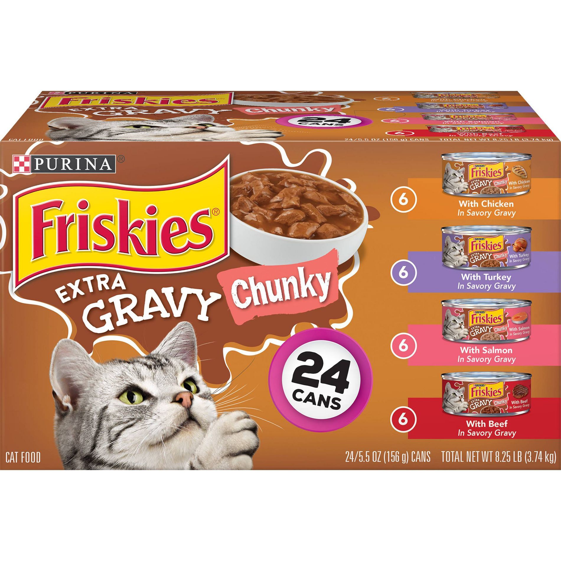 Purina Friskies Extra Gravy Chunky Chicken, Turkey, Salmon & Beef Wet Cat Food - 5.5oz/24ct Variety Pack