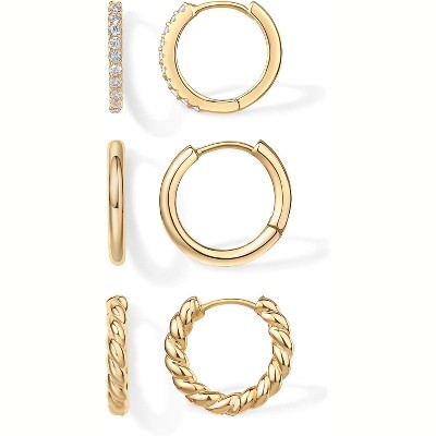 14K-18K Yellow Gold Plated Sterling Silver Posts Three Pairs Small Hoop Earrings for Women - Statement Gold Hoop Earrings Set