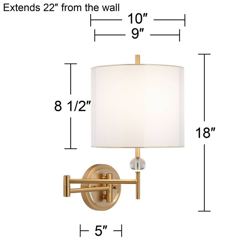 Possini Euro Design Kohle Modern Swing Arm Wall Lamp Polished Brass Plug-in Light Fixture White Inner Sheer Outer Drum Shade for Bedroom Bedside House, 4 of 10