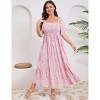 Women's Plus Size Maxi Dress Square Neck Short Sleeve Smocked Flowy Boho Floral Print Casual Summer Wedding Party Dresses - 3 of 4