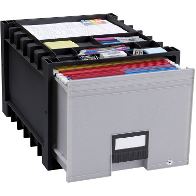 Storex Plastic Archive File Storage Box with Supply Storage Top - Black/Gray