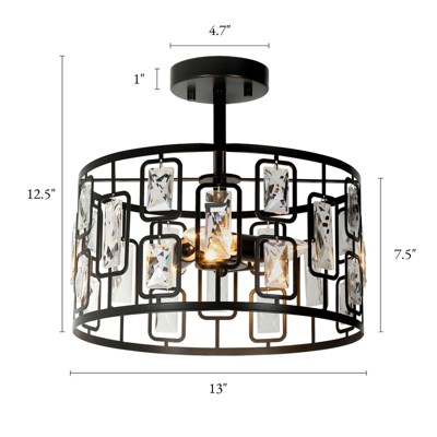 LNC Dew 3-Lights 13-in Matte Black Crystal Drum LED Semi-flush Mount Lightsing