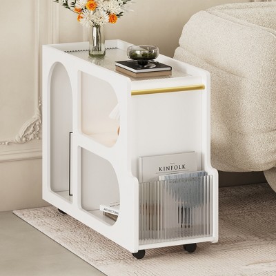 31.5"D End Table with Lockable Wheels, Narrow Coffee Table with Fluted Tempered Glass and Golden Round Rod 4B - ModernLuxe