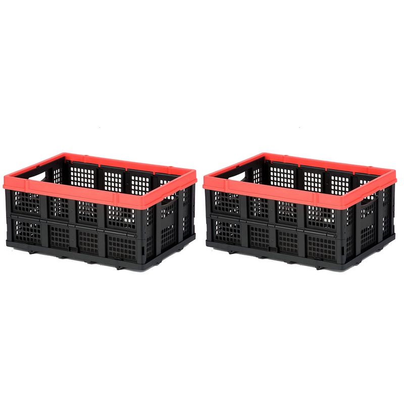 Magna Cart Tote 22" x 16" x 11" Lightweight Collapsible and Stackable Plastic Storage Crate for Home Offices and Garages, Black/Red (2 Pack), 1 of 7