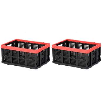 Magna Cart Tote 22" x 16" x 11" Lightweight Collapsible and Stackable Plastic Storage Crate for Home Offices and Garages, Black/Red (2 Pack)