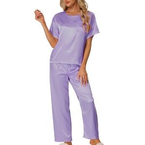 cheibear Women's Satin Summer Short Sleeves Sleepshirt with Pants Lounge Pajamas Sets - 1 of 4