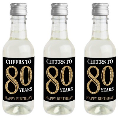 Big Dot of Happiness Adult 80th Birthday - Gold - Mini Wine & Champagne Bottle Label Stickers - Birthday Party Favor Gift for Women & Men - Set of 16