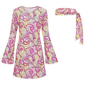 Coolmee Women's Flared Long Sleeve Printed Dresses Boho A Line Mini Dresses Set with Headband Earrings Necklace Sunglasses M Pink - 1 of 4