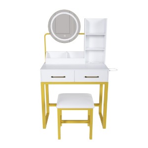 Gulches Makeup Vanity Table with LED Mirror & Power Outlet/USB,2 Big Drawers,3 Open Shelves,with chair,Storage Trays,for Bedroom&Dressing Room,White - 1 of 4