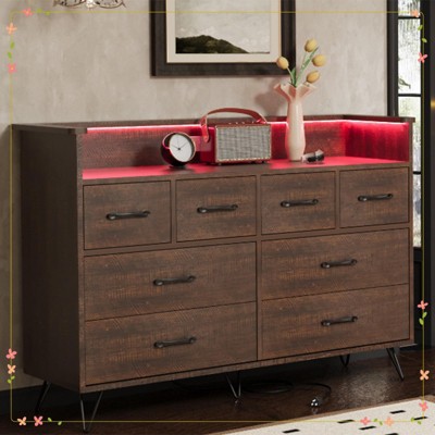 8 Drawer Dresser, Modern Dresser for Bedroom with Led Lights and Charging Station