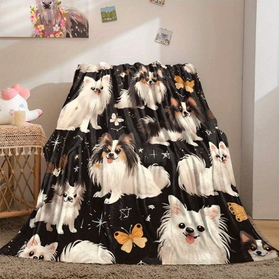 Cozy Papillon Dog Pattern Flannel Car Nap Blanket - All-Season Polyester Interior Accessory, Pet Lover Gift, Christmas Gifts