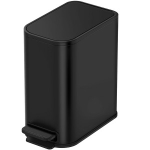 Aoibox Small Trash Can with Soft Close Lid & Step Pedal, 5L Stainless Steel Waste Basket for Bathroom, Bedroom, Office - Matte Black - 1 of 4