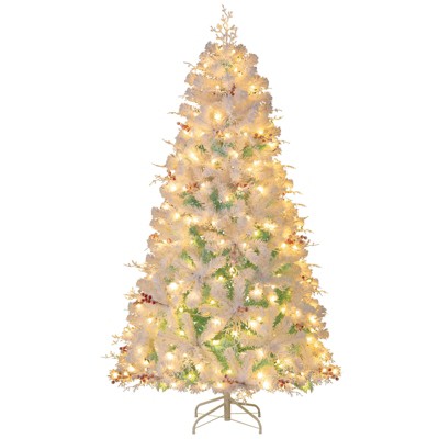 Tangkula 6FT Pre-lit Artificial Christmas Tree Hinged Xmas Tree w/ 599 Snow Flocked Branch Tips 250 Warm White LED Lights White Twigs Red Berries