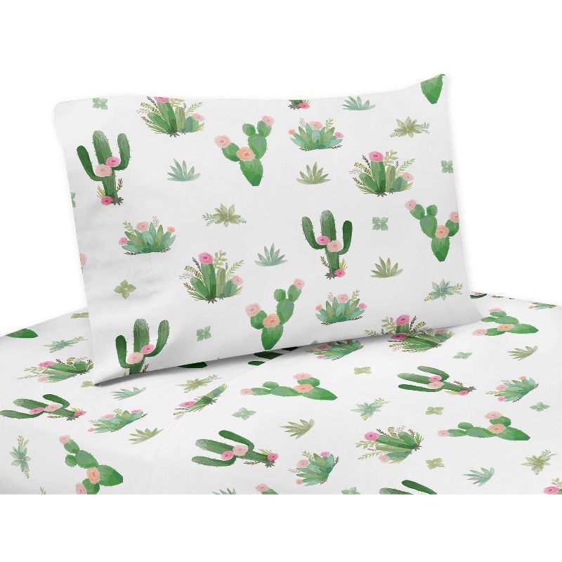 Sweet Jojo Designs Kids' Queen Sheet Set Cactus Floral Pink and Green 4pc, 1 of 5